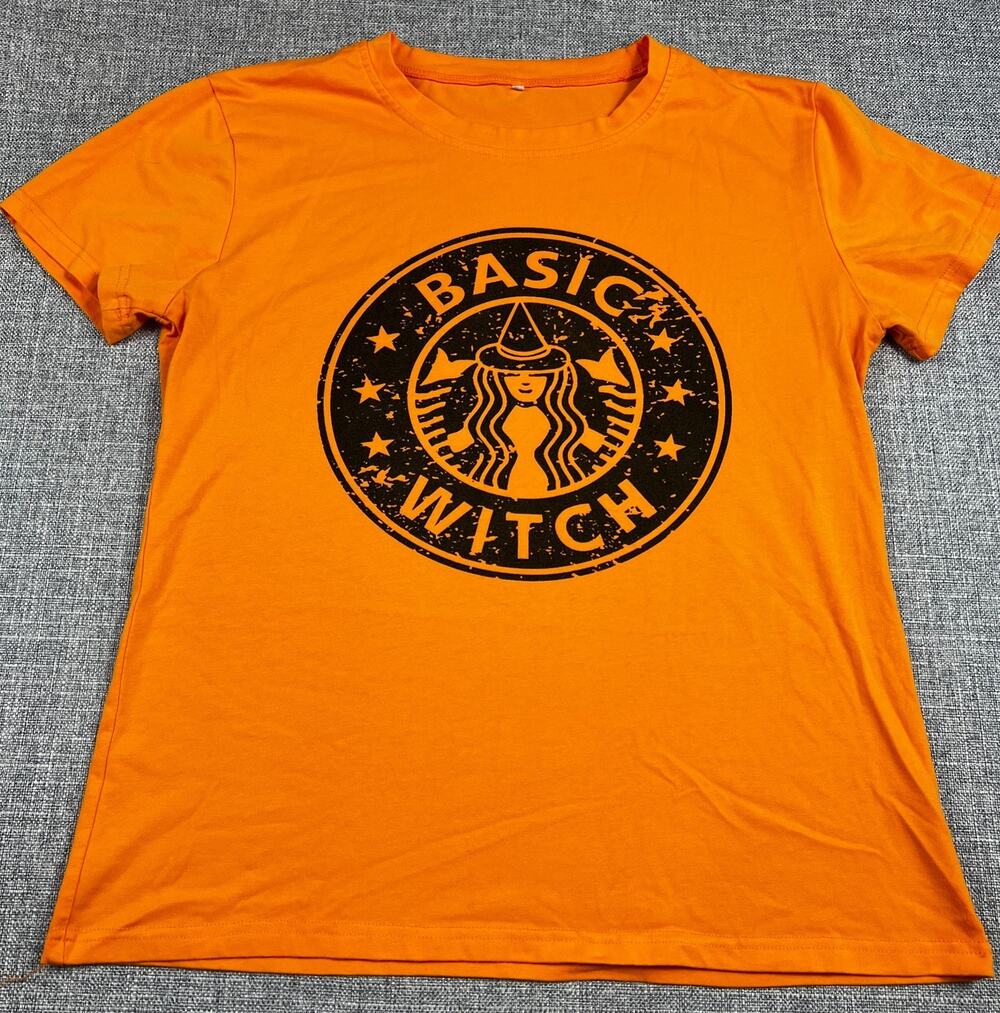 Basic Witch Halloween T Shirt Women's L Orange Coffee Parody Graphic Tee